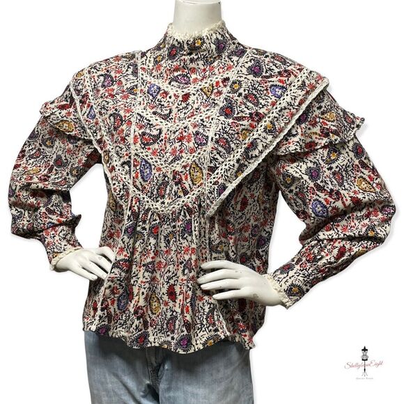 COTTAGECORE Prairie Vintage 70s Look Peacock Print Lace Trim Blouse Top M L - Picture 12 of 16